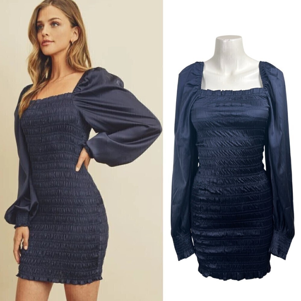 Dress Forum Women Size S Blue Smocked Satin Pullover Long Sleeve Mini NEW Dress - Picture 4 of 15